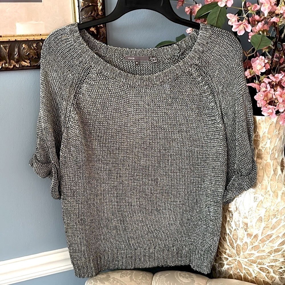 VINCE Gray Metallic Chainlink Gray Sweater Knit Top 3/4 Sleeves Crew Neck